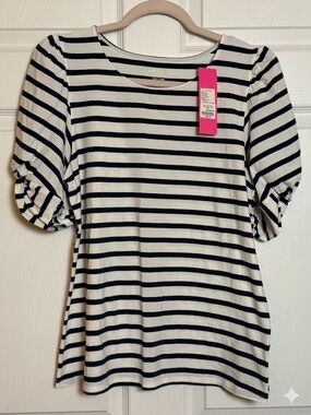 NWT Lilly Pulitzer Elisabette Top in Navy and White, Striped Puff-Sleeve Tee